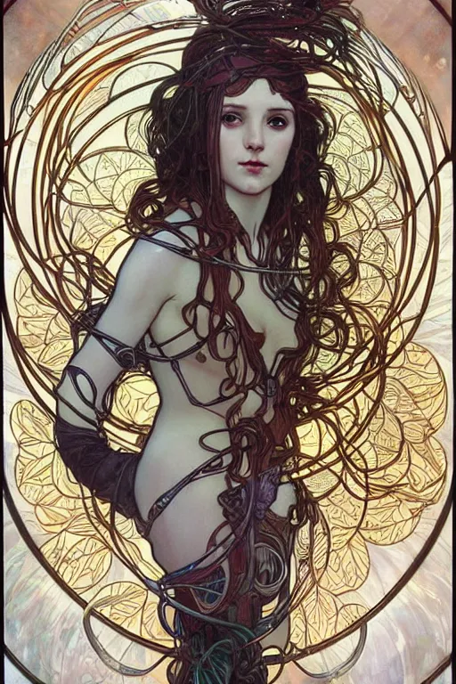 Image similar to realistic detailed portrait of a fully clothed adult cyberpunk! goddess by Alphonse Mucha, Charlie Bowater, Art Nouveau cyberpunk! style, mechanical accents!, flowing wires with leaves, rich deep moody colors