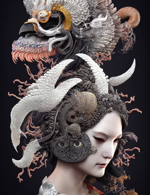 Image similar to 3 d goddess of death close - up profile portrait with ram skull. beautiful intricately detailed japanese crow kitsune mask and clasical japanese kimono. betta fish, jellyfish phoenix, bio luminescent, plasma, ice, water, wind, creature, artwork by tooth wu and wlop and beeple and greg rutkowski