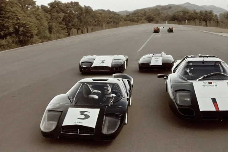 Image similar to vintage archival race footage of a single 1965 Ferrari F40, with elements of the De Tomaso Pantera, Lotus, GT40, BMW M1, and Countach, movie still, speed, cinematic Panavision 5384 film