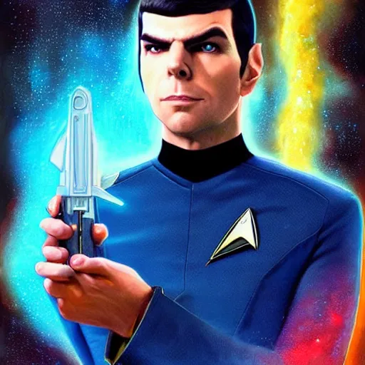 Prompt: : aesthetic portrait commission of badass ZACHARY QUINTO SPOCK holding a ray gun + FUTURISTIC + wearing blue star trek suit + HYPERDETAILED + 2022 award winning painting + character design by charlie bowater + Ross tran + artgerm + makoto shinkai + UPSCALED