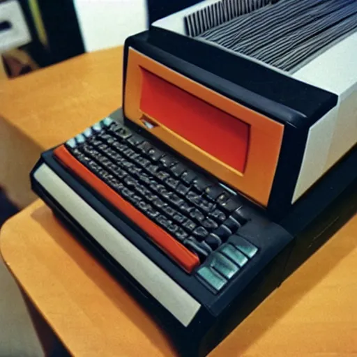 Prompt: a photo of a Commodore Apple Atari IBM computer from 1983