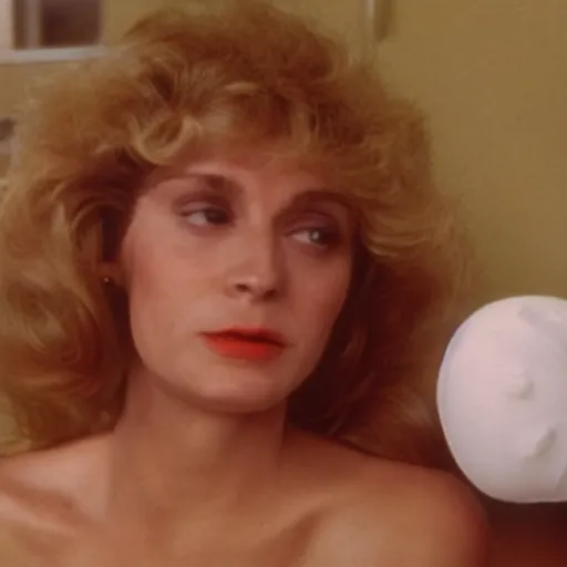 Image similar to still from a 1980 French film about a depressed housewife wearing a squishy inflatable toy as she meets a handsome younger man in a seedy motel room