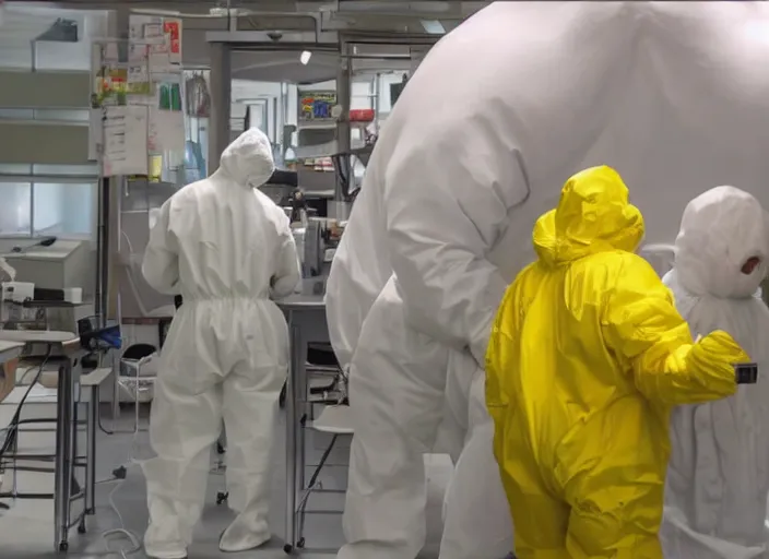Prompt: horror movie scene, a huge blobby flesh creature grows out of control in a high tech science lab, a man in a hazmat suit watches helplessly