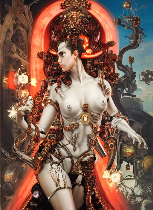 Prompt: full-body rococo and cyberpunk style sculpture of a young seductive Latina princess half android with a chest exposing circuitry, glowing orange seductive laser eyes, crown of red sparks and diamonds, swirling orange-colored silk fabric, robotic raptors. baroque elements. full-length view. intricate artwork by caravaggio. art by Artgerm and Greg Rutkowski and Alphonse Mucha, Trending on artstation, cinematic industrial lighting, hyper realism, octane render, 8k, depth of field, 3D
