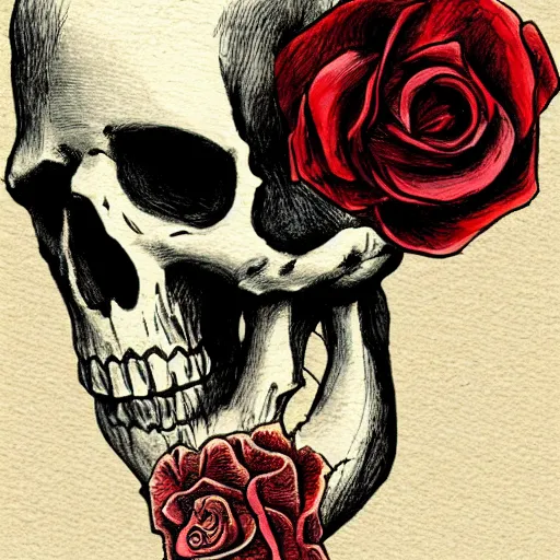 Image similar to a skeleton biting a rose, sinister, detailed