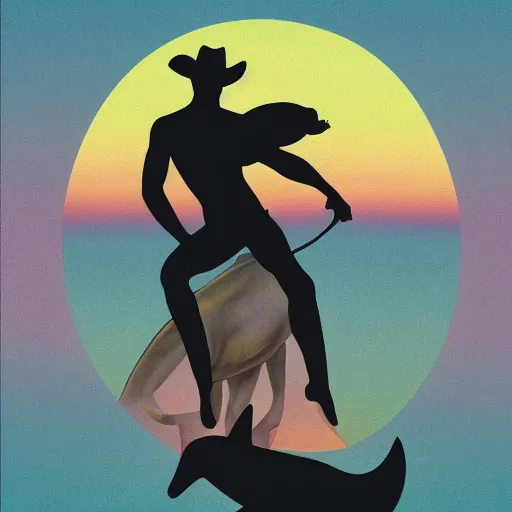 Prompt: a beautiful tarot! painting of a handsome african cowboy, riding a dolphin, in front of a pale lavender sunrise, self erotic, dawn, predawn, golden light, art deco!, art nouveau, silhouette, no crop, trending on artstation