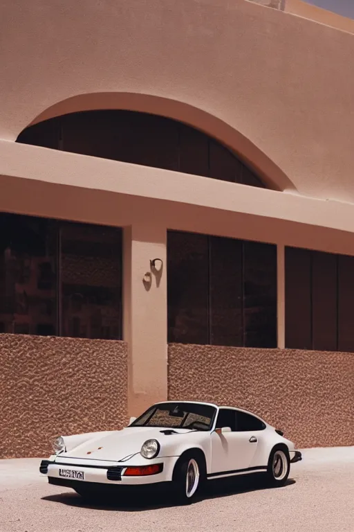 Image similar to Photo of a Porsche 911 Carrera 3.2 parked in front of a Prada Store in the desert, daylight, award winning, high resolution, cinestill 800t.