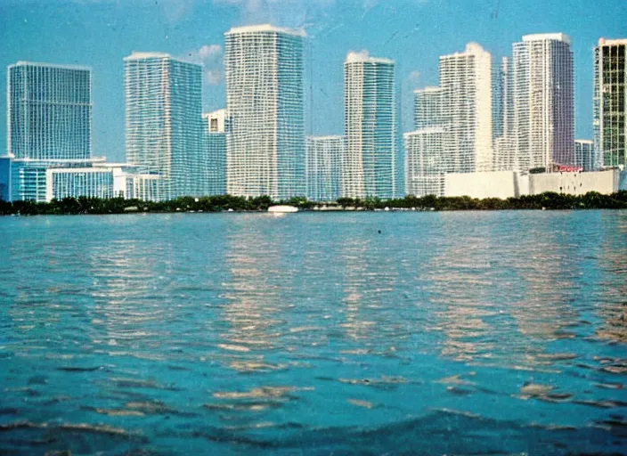 Image similar to retro color photo of a miami city skyline in the 8 0's. reflections in the water. boats in the water