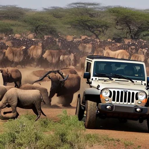 Prompt: a jeep in the middle of big animals stampede in africa