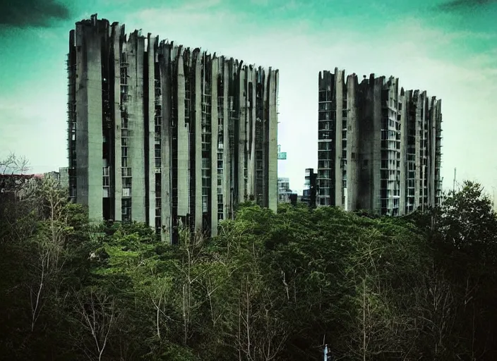 Image similar to “ brutalist architecture surrounded by a neon forest ”