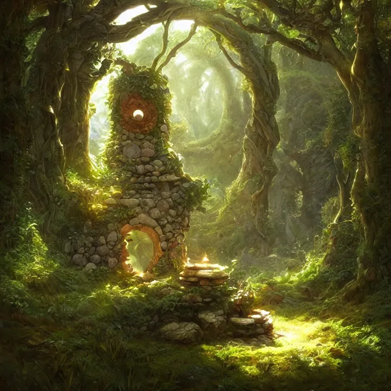 Image similar to Fantasy Magical fairy-tale stone portal in the forest. Round stone portal teleport in trees to other worlds. Fantastic landscape. Magic Altar in the fores, highly detailed, digital painting, artstation, concept art, smooth, sharp focus, illustration, art by greg rutkowski and alphonse mucha