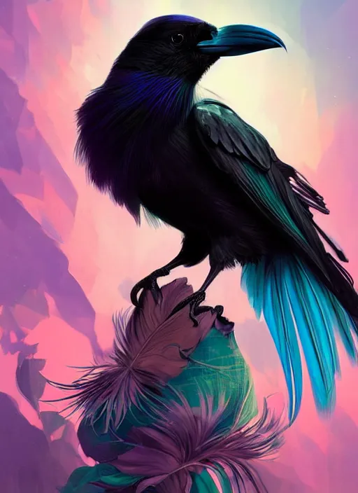 Image similar to beautiful black raven bird with long turqoise feather highlights, cute, intricate, highly detailed, digital painting, trending on artstation, concept art, smooth, sharp focus, backlit, rim light, vivid colors, illustration, unreal engine 5, 8 k, art by rossdraws and alphonse mucha