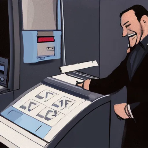 Prompt: hyperrealistic painting image where a happy businessman appears behind a ticket printing machine