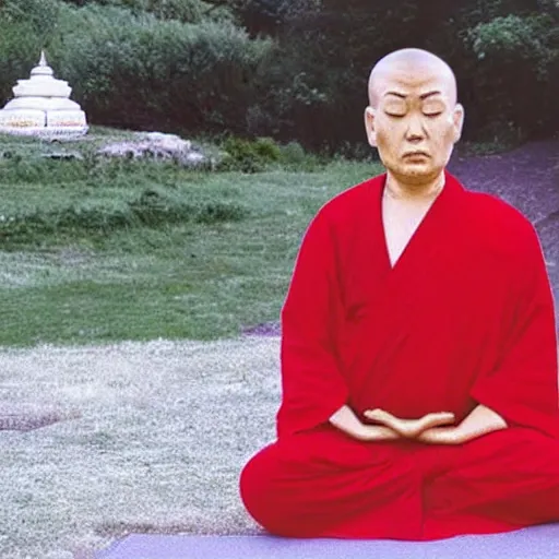 Image similar to a still photograph of Donald Trump meditating in a Buddhist Temple