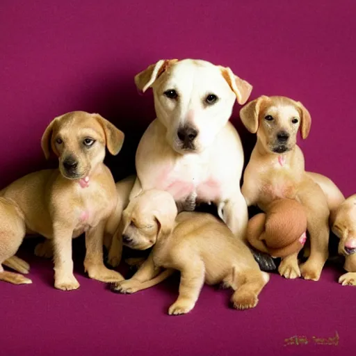 Image similar to 8 0 mm anne geddes photo of a momma dog with her newborn puppies, natural sunlight, indoors, cool colors