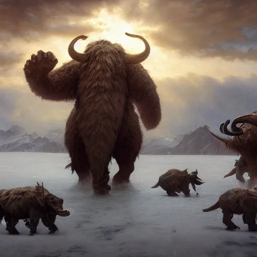 Image similar to Magic The Gathering art action shot of troll warriors riding wooly mammoths in the tundra, drawn by Donato Giancola and Tom Bagshaw, Edmund Leighton, Alphonse Mucha, 4k, volumetric lighting, intense battle scene award winning, octane render, hyperrealistic