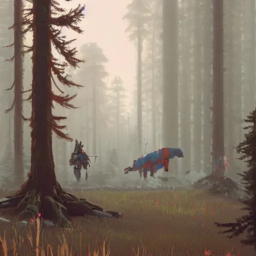 Image similar to breath of the wild, simon stalenhag, forest