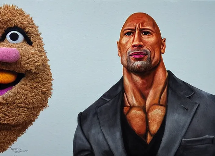 Image similar to a highly detailed beautiful painting of dwayne the rock johnson as a muppet, by albuquerque, rafael