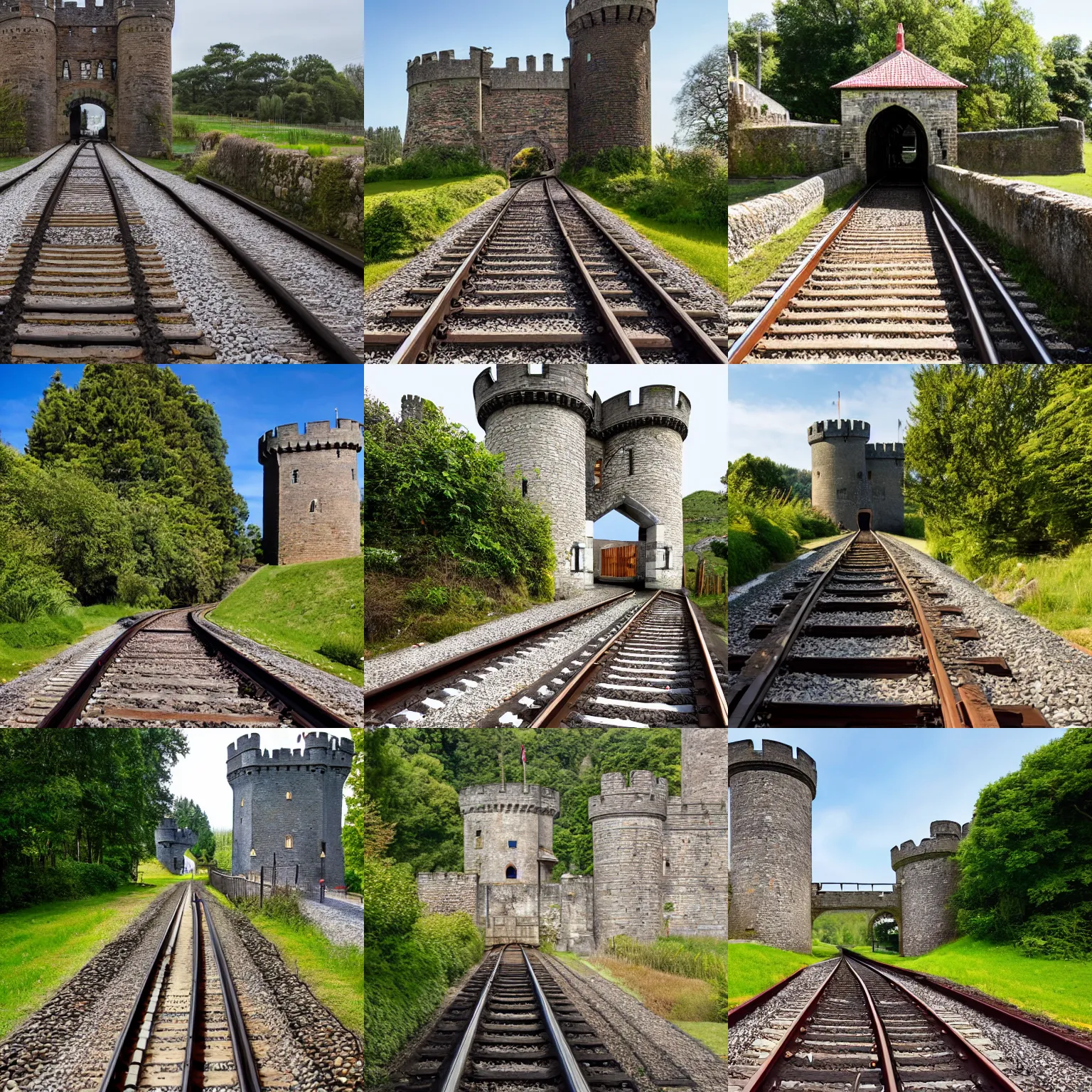 Prompt: Railway tracks leading through a gatehouse into a castle