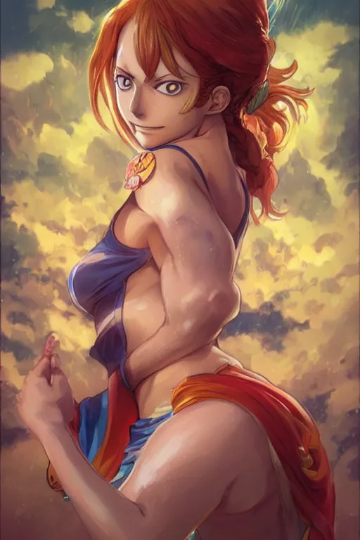 Image similar to portrait of Nami from One Piece, highly detailed, digital painting, artstation, concept art, sharp focus, illustration, art by artgerm and greg rutkowski and alphonse mucha, in the style of One Piece