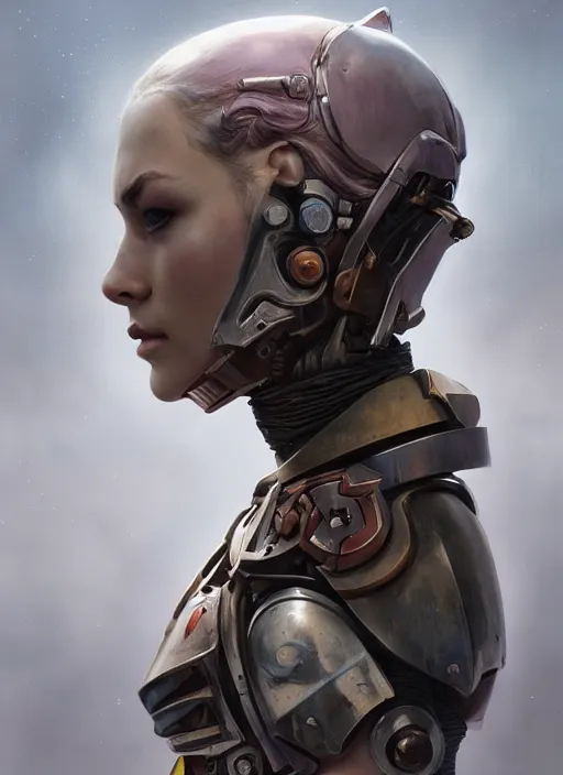 Image similar to hyper realistic portrait of warhammer android girl head, cinematic, chaos marine, artstation, cgsociety, full head, greg rutkowski, james gurney, mignola, craig mullins, brom