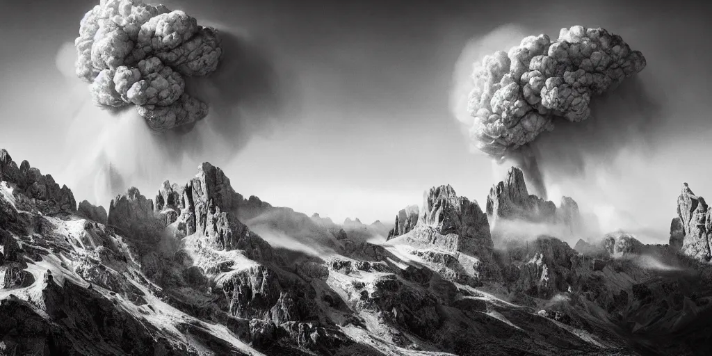 Image similar to photography of dolomites getting blown up, exploding, dolomites, alpine, detailed intricate insanely detailed octane render, 8k artistic 1920s photography, photorealistic, chiaroscuro, hd, by David Cronenberg, Raphael, Caravaggio