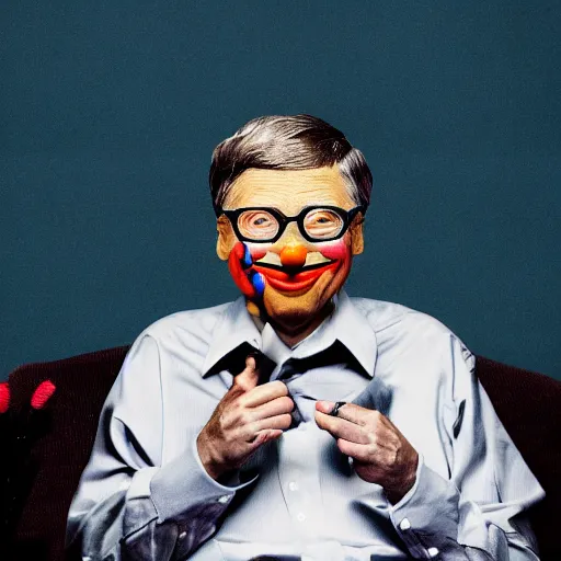 Prompt: UHD candid photo of Bill Gates dressed as Renfield, wearing extremely accurate clown makeup, accurate face, UHD, photorealistic, correct face, photo by Annie Leibowitz