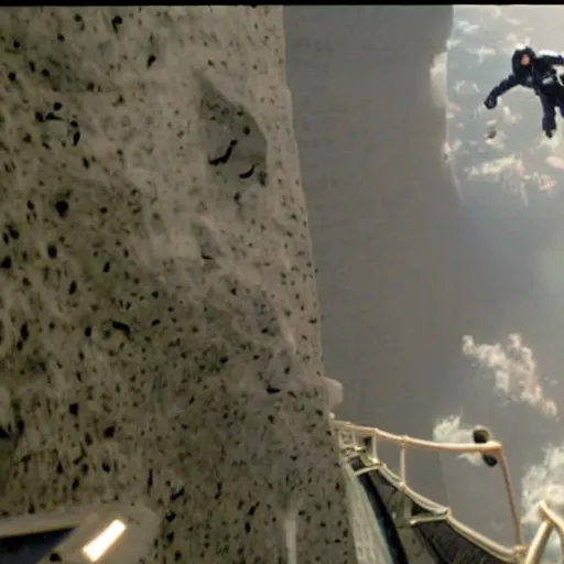 Prompt: of a huge! astronaut! climbing! up a building! (((like king kong))), still from the movie astronaut attack