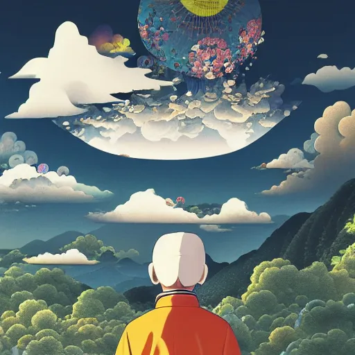 Image similar to a man walking on clouds away from the camera above kyoto by takashi murakami, beeple and james jean, aya takano color style, 4 k, super detailed, modern, 4 k, symmetrical