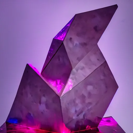 Prompt: geometric statue!!!, purple shattered paint!, hot glowing lava!!!!, (((conglomerate!, slush)), abstract!, museum display! 4k!, award-winning photo!!!!