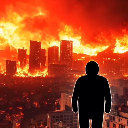 Prompt: The Silhouette of an Android in the foreground as a city burns in the foreground, photograph