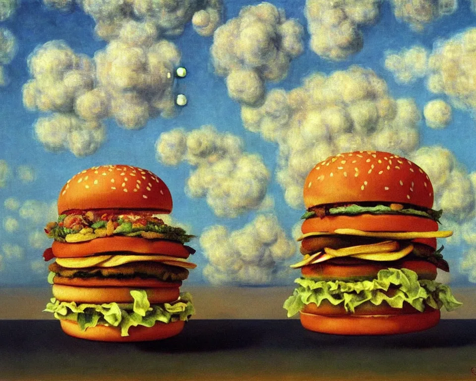 Image similar to achingly beautiful painting of a big mac by rene magritte, monet, and turner. whimsical.