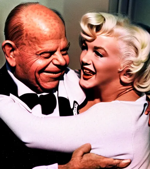 Image similar to Don Rickles hugging marlin monroe, color photo,