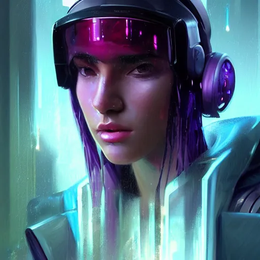 Image similar to very detailed masterpiece painting of a very beautiful wet young cyberpunk woman with a visor, dark purple hair and cybernetics, cyberpunk background, retrowave lighting, raining, closeup, portrait, artstation, concept art by greg rutkowski