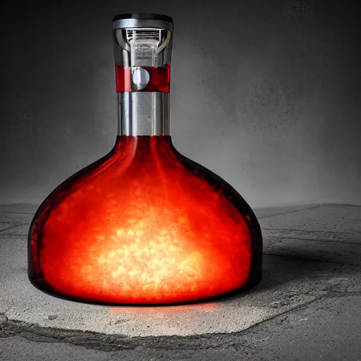 Prompt: an award - winning hyper hd advertisment photo of a translucent glass vodka bottlewith embossed flames of a propane cylinder on a concrete slab, dramatic studio lighting, 1 0 0 mm, wide angle lens, ƒ / 8, behance, sharp focus, bokeh, 8 k