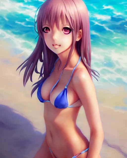 Image similar to character concept art of an pretty anime girl in bikini | | cute - fine - face, pretty face, realistic shaded perfect face, fine details by stanley artgerm lau, wlop, rossdraws, james jean, andrei riabovitchev, marc simonetti, and sakimichan, trending on artstation