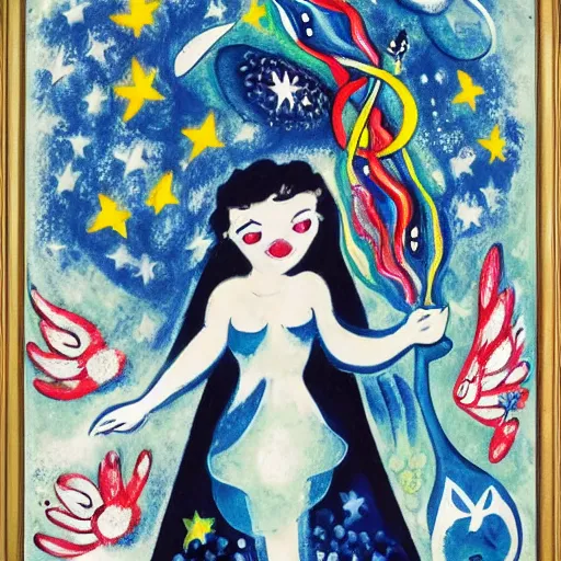 Image similar to The land art features a woman with wings made of stars, surrounded by a blue and white night sky. The woman is holding a staff in one hand, and a star in the other. She is wearing a billowing white dress, and her hair is blowing in the wind. cubic zirconia, Pokémon by Marc Chagall, by Wilfredo Lam monumental, threatening