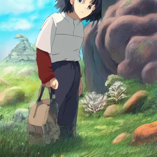 Prompt: friendly guy and small creature , with Fragile looking character portrait face by Ghibli artstyle highly detailed art, beautiful scene, sharp focus, smooth, 8k, anime art