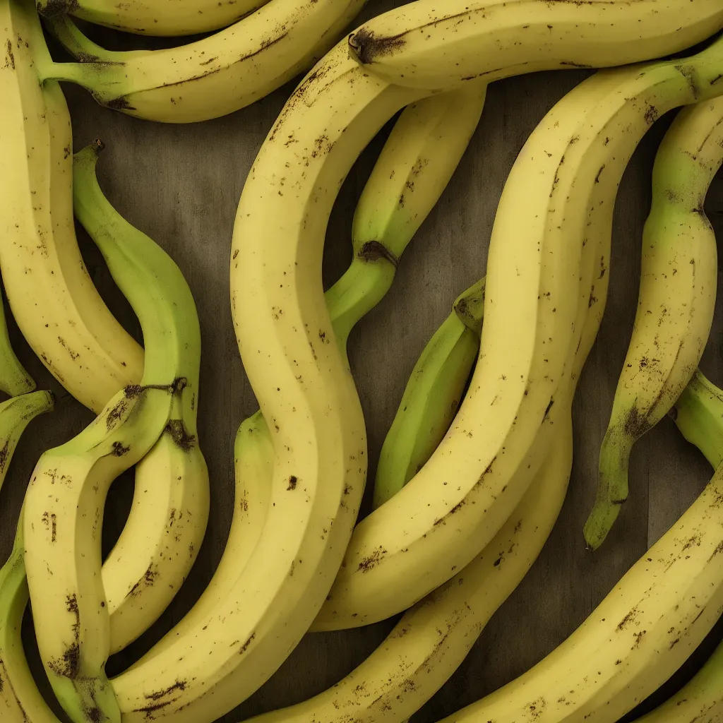 Prompt: circular loop fractal bananas that grow like a banana coral, banana stems, roots. closeup, hyper real, food photography, high quality