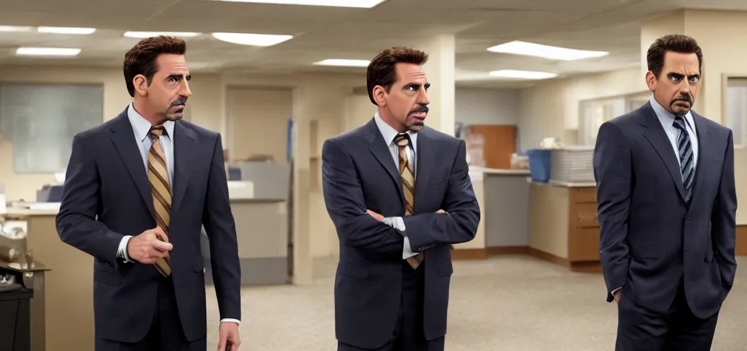 Image similar to a very high resolution image of tony stark with micheal scott. from an episode of the office. photorealistic, photography