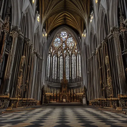 Prompt: inside of highly detailed gothic church, dark, epic, magical light, 8k octane render