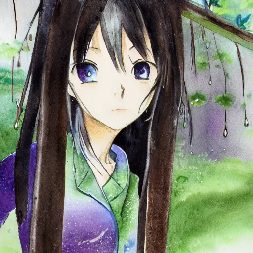 Image similar to a anime girl looking into her own reflection in a puddle of water, she is in a raining forest, watercolor painting