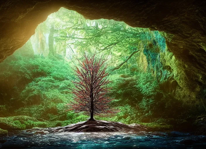 Prompt: a small tree on an island in a river in an underground cave. fantasy magic style. highly detailed 8 k. intricate. lifelike. soft light. sony a 7 r iv 5 5 mm. cinematic post - processing