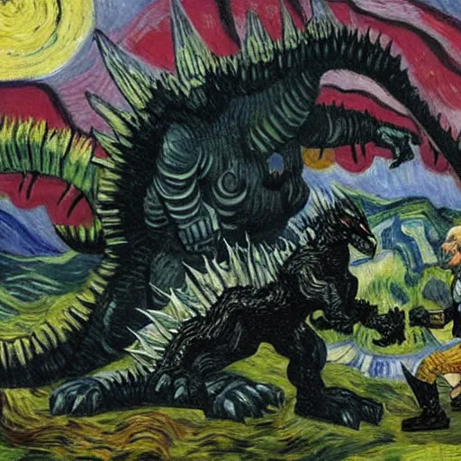 Prompt: giratina fighting godzilla, epic, establishing shot, oil painting by van gogh