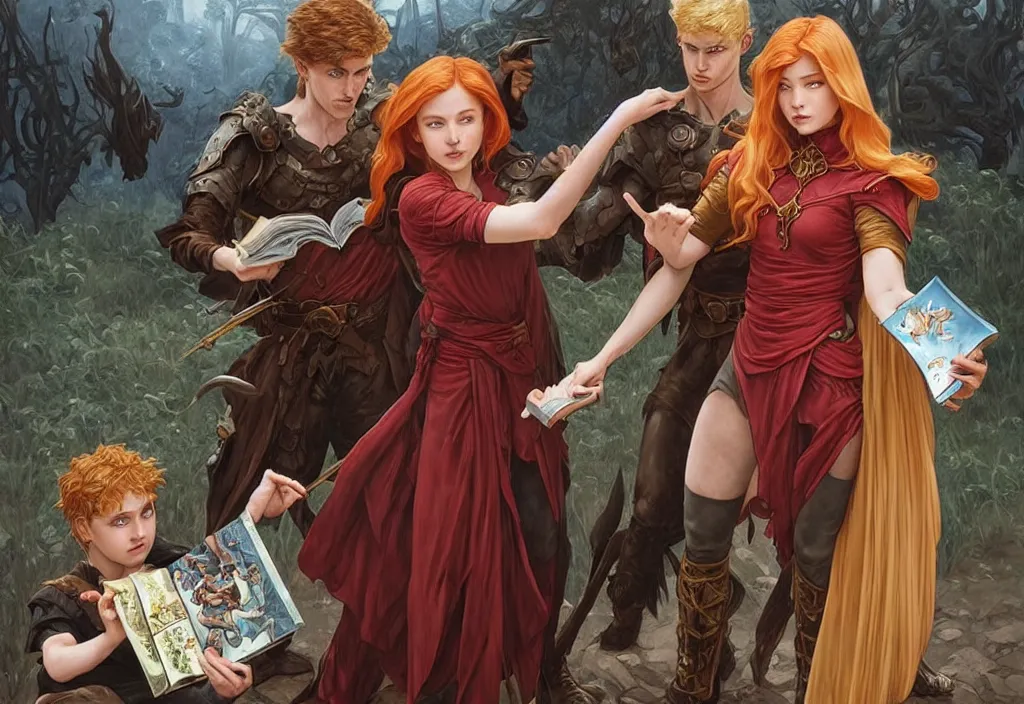 Image similar to an epic fantasy comic book style painting of a young red headed girl with a book in one arm meeting a young boy thief with blonde wearing plain brown leather thief clothes, d & d, fantasy, intricate, elegant, highly detailed, digital painting, artstation, concept art, matte, sharp focus, illustration, art by artgerm and greg rutkowski and alphonse mucha