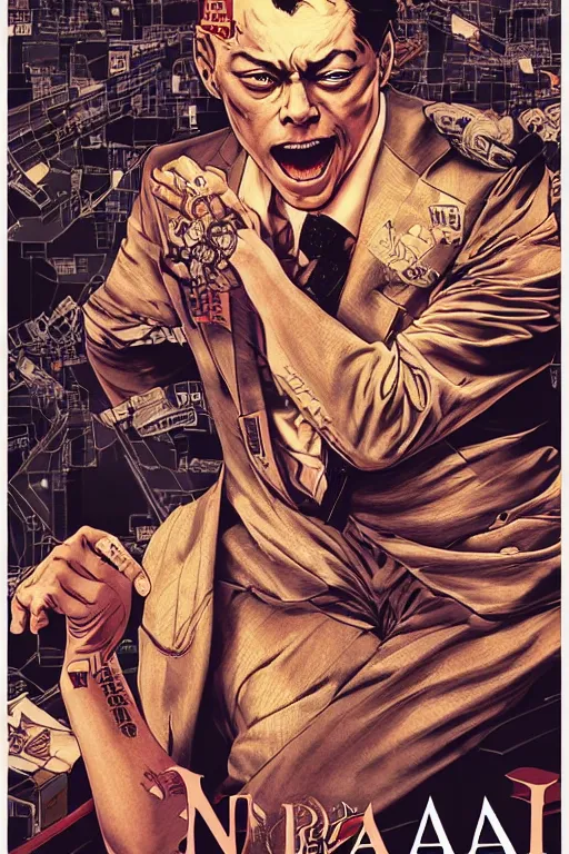 Prompt: poster of jordan belfort, by yoichi hatakenaka, masamune shirow, josan gonzales and dan mumford, ayami kojima, takato yamamoto, barclay shaw, karol bak, yukito kishiro