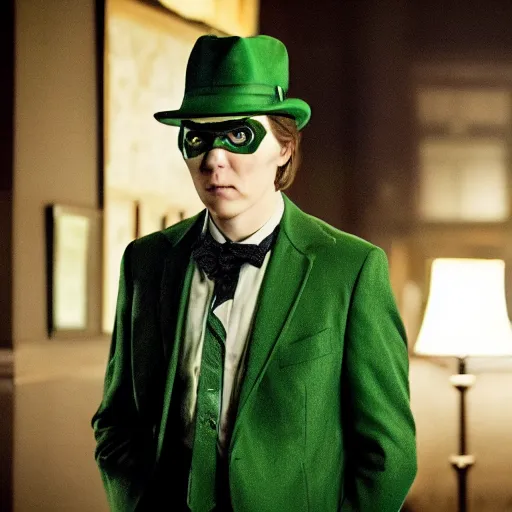 Image similar to film still of Paul Dano as Riddler in a green suit and tie and green fedora no mask in The Batman, 4k, dark lighting, film noir, grainy, dark tone