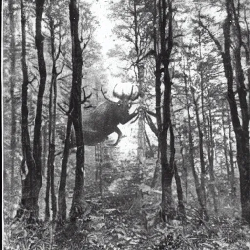 Prompt: scary unproportionally large creature in the woods, 1900s picture