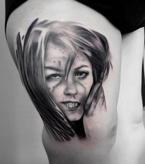 Image similar to a beautiful girl portrait, faded mountain background, realism tattoo, in the style of den yakovlev, black and white, hyper realistic, highly detailed