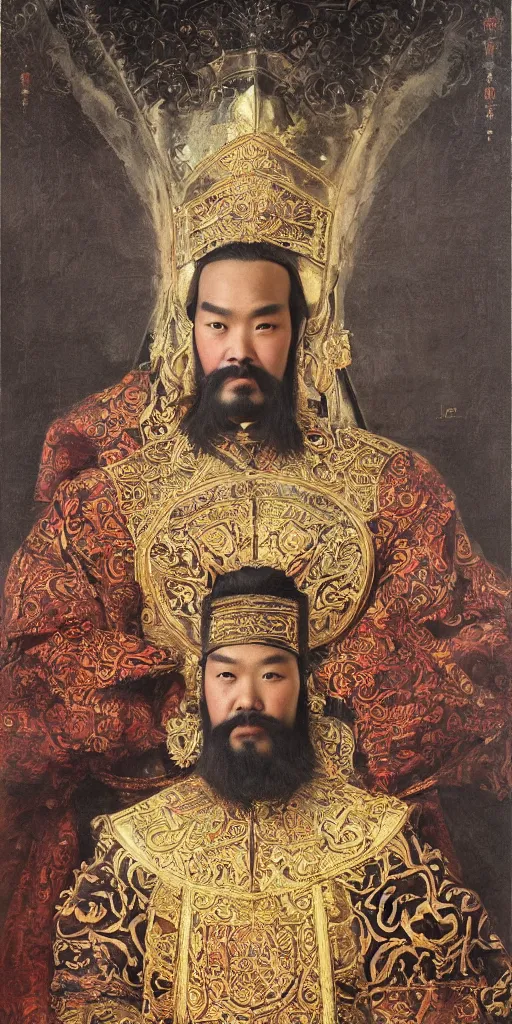 Image similar to a stunning and noble highly detailed romantic period style portrait of Kublai Khan by Josep Tapiró Baró, trending on artstation, oil painting masterpiece, ((symmetry)), ((((fractals))), Chinese & Mongolian iconography